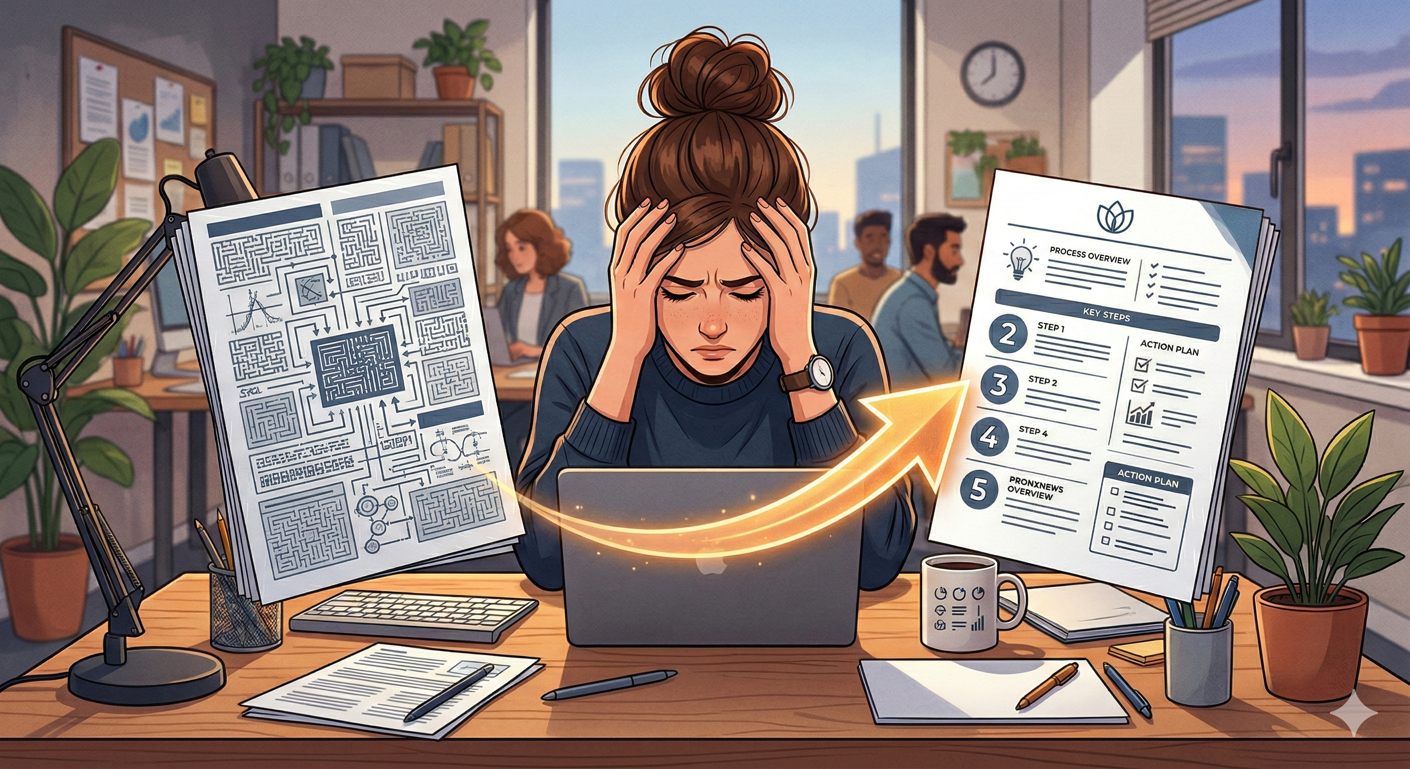 Eine frustrierte Person sitzt vor einem aufgeschlagenen Dokument mit verschachtelten Verweisen und unklaren Anweisungen – Metapher für Dokumentation, die mehr verwirrt als hilft