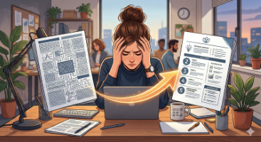 Frustrierte Person vor einem Dokument voller unklarer Verweise und fehlender konkreter Antworten