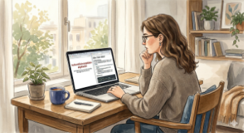 Eine Person sitzt nachdenklich vor einem Laptop, auf dessen Bildschirm eine Fehlermeldung und ein geöffneter Dokumentations-Tab dieselbe Aussage zeigen — ohne zu erklären, was zu tun ist.