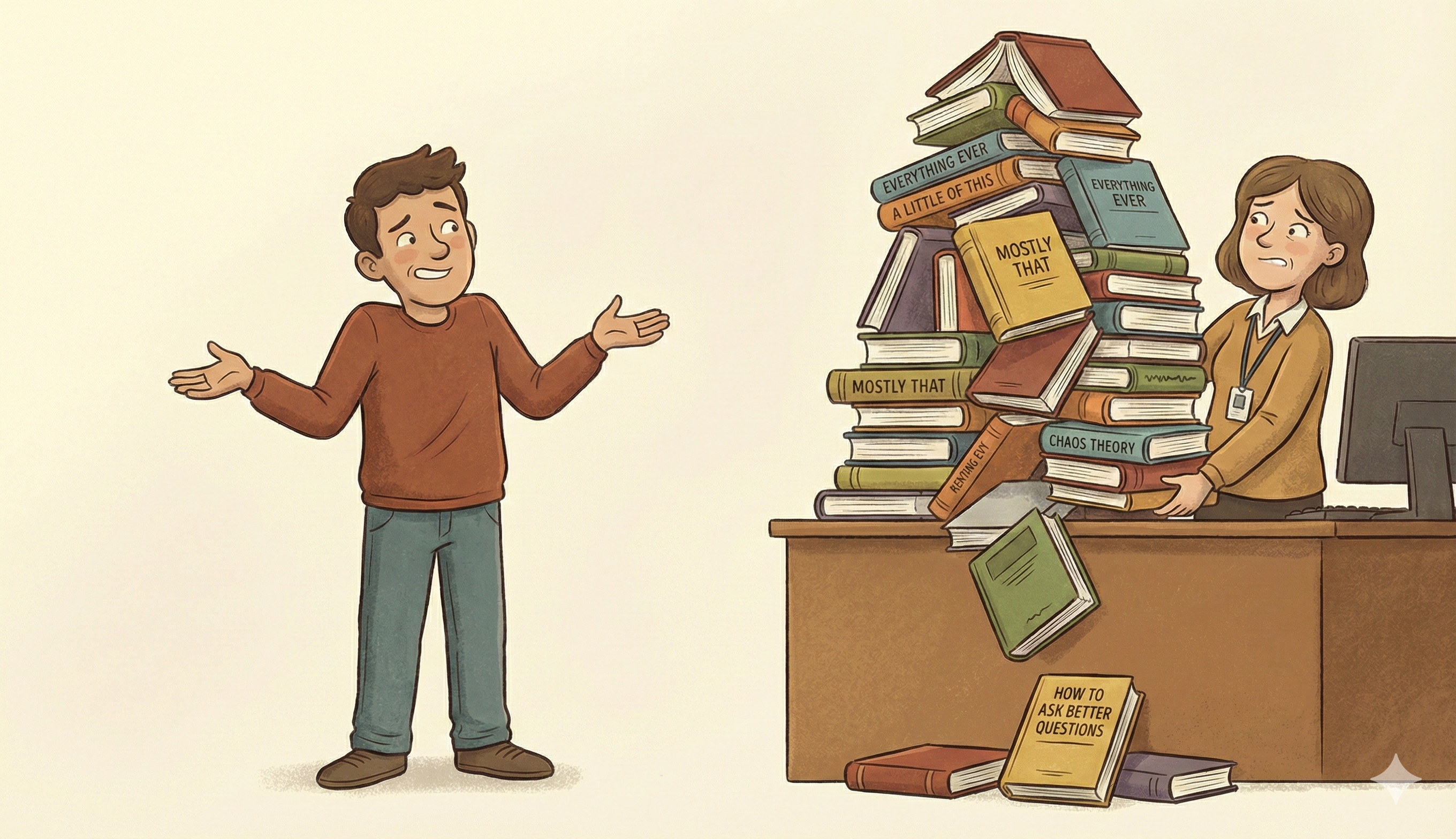 Eine Person stellt eine Frage, während eine Bibliothekarin hinter einem überhäuften Bücherstapel sitzt – Metapher für die Herausforderung, aus großen Informationsmengen die richtige Antwort zu finden.