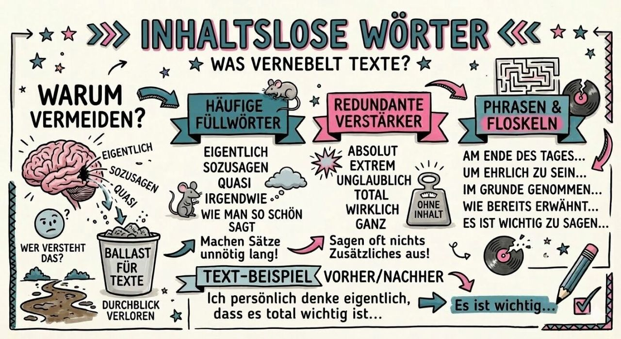 Übersicht inhaltsloser Füllwörter, die in Texten Aufmerksamkeit kosten, ohne Information zu liefern.
