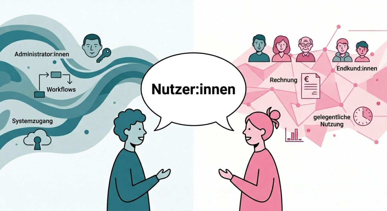 Zwei Personen sagen „Nutzer:innen“ und meinen völlig Verschiedenes – ungeklärte Terminologie als Quelle von Missverständnissen.